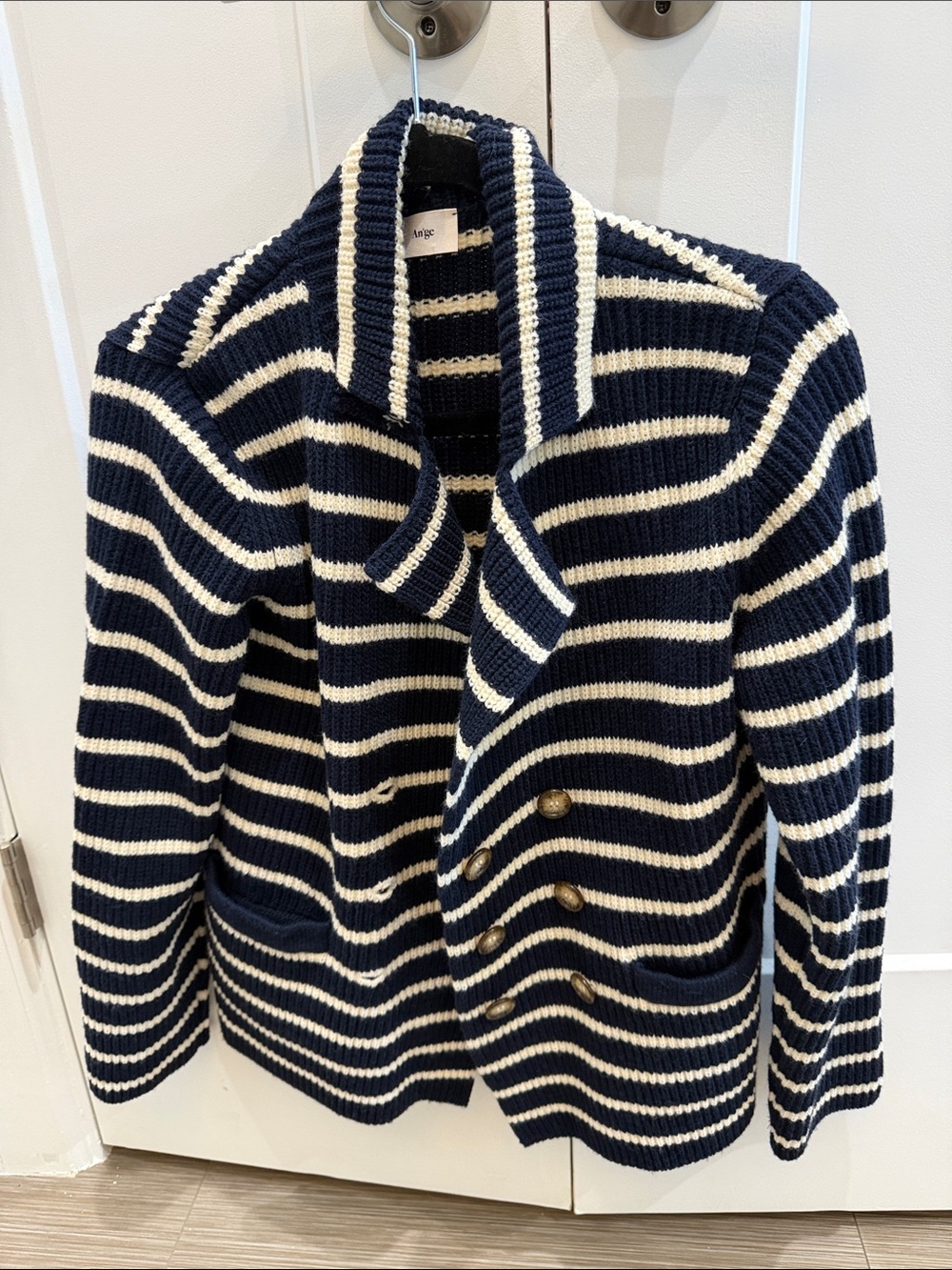 Navy & Cream Striped Knit Peacoat Jacket - Unbranded